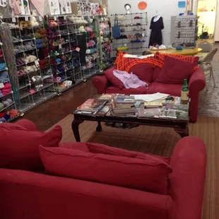 Cozy couches to sit and chat or do your needlework