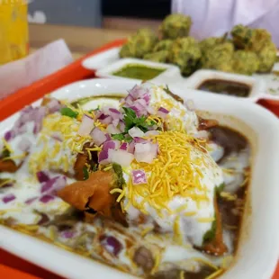 a plate of food on a tray