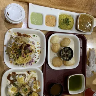 Pani Puri, Dahi Puri, Raj Kachori, Masala Dosa, and two Mumbai Cutting Chais