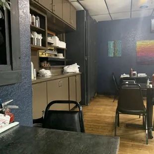 a kitchen and dining area