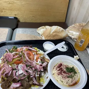 Shawarma Platter with chicken &amp; lamb, hummus on the side.