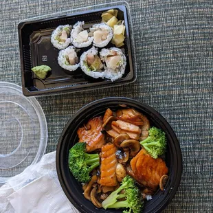 Salmon teriyaki bowl and negihama roll