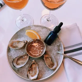 a plate of oysters and a glass of wine