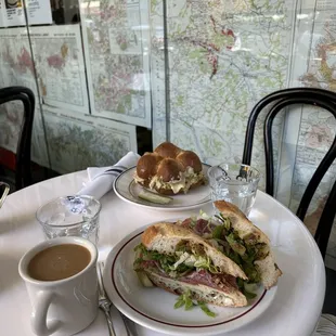 Salami/prosciutto on baguette, coffee, and tuna melt