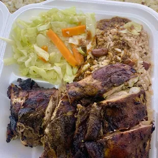 Jerk chicken with cabbage rice &amp; beans