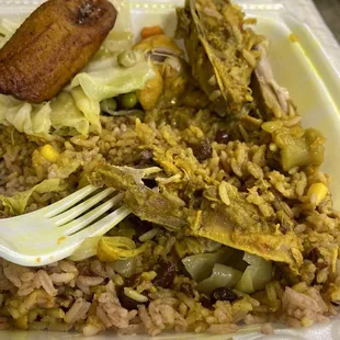 Curry Chicken with Rice &amp; Peas and cabbage and plantain