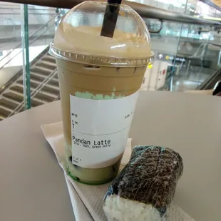 Pandan latte with grass jelly and musubi