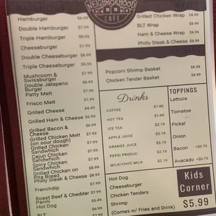 Menu - great prices.