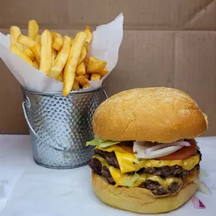a cheeseburger and fries