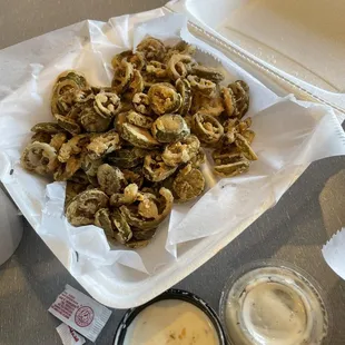 Fried jalepenos freshly battered. Delicious. Only complaint is they're not very spicy