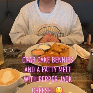 Crab cake bennies, patty melt, Sam Elliot latte