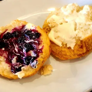 Fluffy biscuits with blueberry jam and butter!