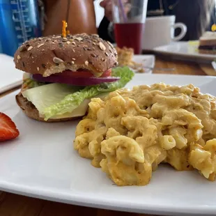 Buffalo Joe tempeh burger with vegan cheesy mac