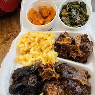 Oxtail, comes with rice, Mac&amp;Cheese, greens, cabbage, yams,