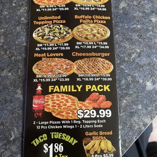 Pizza menu