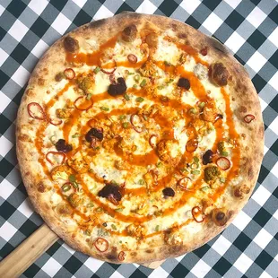 Pizza Lab: &quot;Buff&apos;d Up Cauliflower&quot;

Blue cheese crema base with aged mozz, Buffalo cauliflower, Fresno peppers, &amp; green onion.