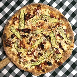 Rotating Pizza Lab: &quot;Zucchini Zest&quot;

Red sauce base with aged mozz, sumac-spiced zucchini and chicken, sun dried tomatoes, sliced almonds