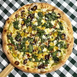 Rotating Pizza Lab: &quot;Mind Your Peas and Carrots&quot; 

Carrot-sage and snap pea-rosemary purées, applewood smoked bacon, carrot chips &amp; greens