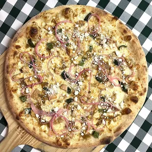 Rotating Pizza Lab: &quot;Casa Verde&quot; 

House made salsa verde base, aged mozz, sous-vide chicken, poblano, pickled onion and cotija.