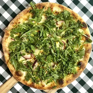 Rotating Pizza Lab: &quot;Peachy Keen&quot; 

Persian lime infused EVOO with aged mozz and fontina, fresh white peaches, topped with arugula salad.