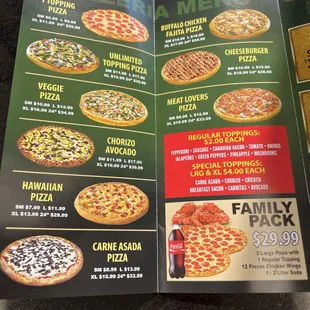 Pizza menu