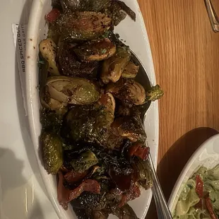 Brussels sprouts with maple syrup and bacon lardons.