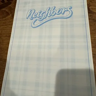 Front of menu