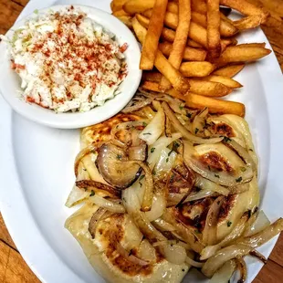 Pan-fried Pierogi Dinner served with coleslaw and french fries