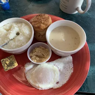 Egg, grits, biscuit, gravy and my requested brown sugar