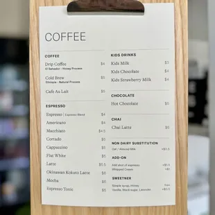 Coffee Menu