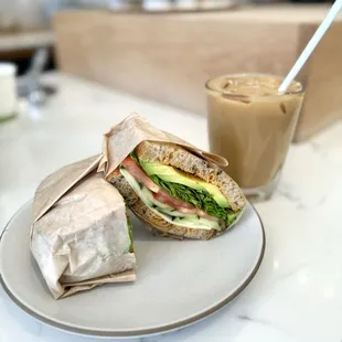 Veggie club and iced vanilla latte