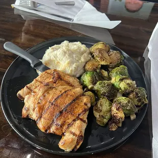 Grilled chicken, Brussels, and potatoes