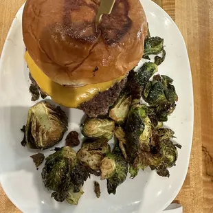 Elk burger and fried Brussels Sprouts.