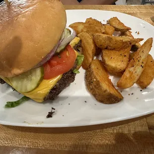 Elk burger and fries