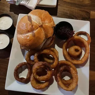 Burger of the month (turkey burger) with onion rings