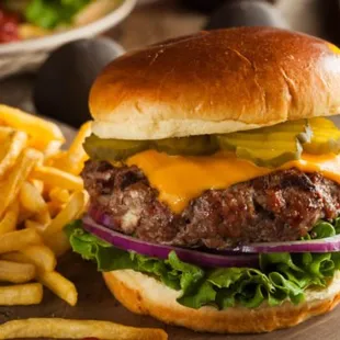 a cheeseburger and fries