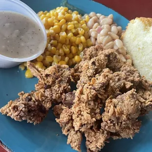 Chicken Liver Special.  White beans. Corn. Cornbread. Sticks to your ribs!!  Especially with that gravy over there.