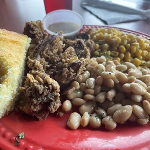 Chicken Livers.  White Beans, cornbread, and juicy corn.