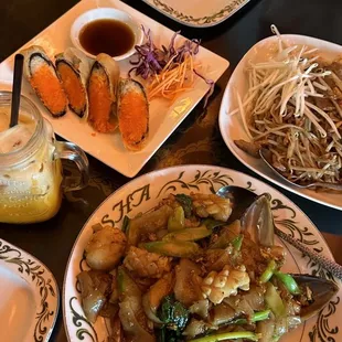 Pad See Eaw, Pad Thai, Salmon Rolls, Thai Ice Tea