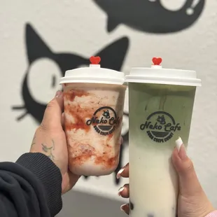 Strawberry Yogurt Frostie, matcha latte with boba
