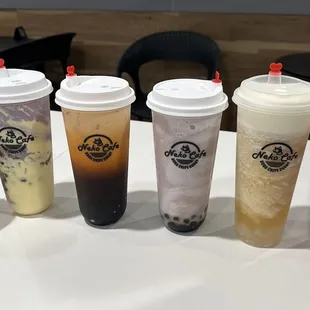 Creme burlee milk tea, taro milk tea, Thai tea, taro frostie, lychee cheese foam and strawberry cheese foam