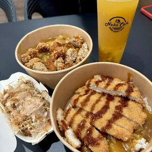 Pork Katsu Curry Rice, Popcorn Chicken Curry Rice, Takoyaki, Mango Tea