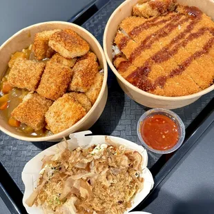Crispy Tofu Curry Rice, Pork Katsu Curry Rice, Takoyaki