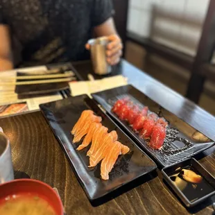 Salmon nigiri and garlic tuna nigiri, fantastic