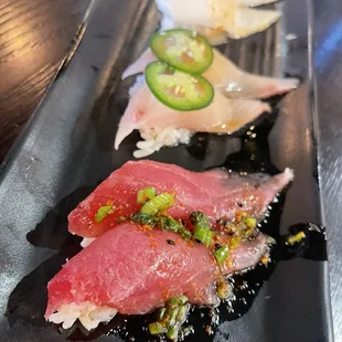 Nigiri: Garlic Tuna, Yuzu Yellowtail, Super White Tuna