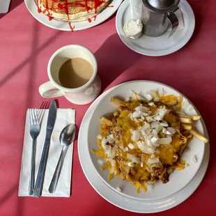 Chili cheese fries and coffee