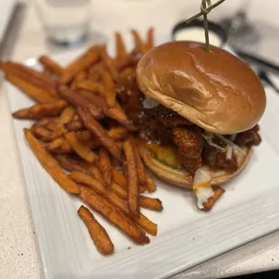 Fried chicken sandwich and sweet potato fries. Amazing!