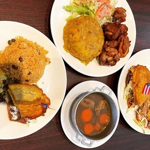 Pernil Jibarito, Steak Jibarito, and Mofongo con Chicharron de Pollo