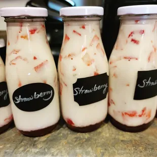 Strawberry and cream available in three sizes and three flavors,  original, white chocolate strawberry and chocolate covered strawberry