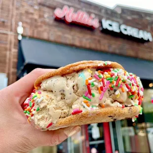 a hand holding an ice cream sandwich